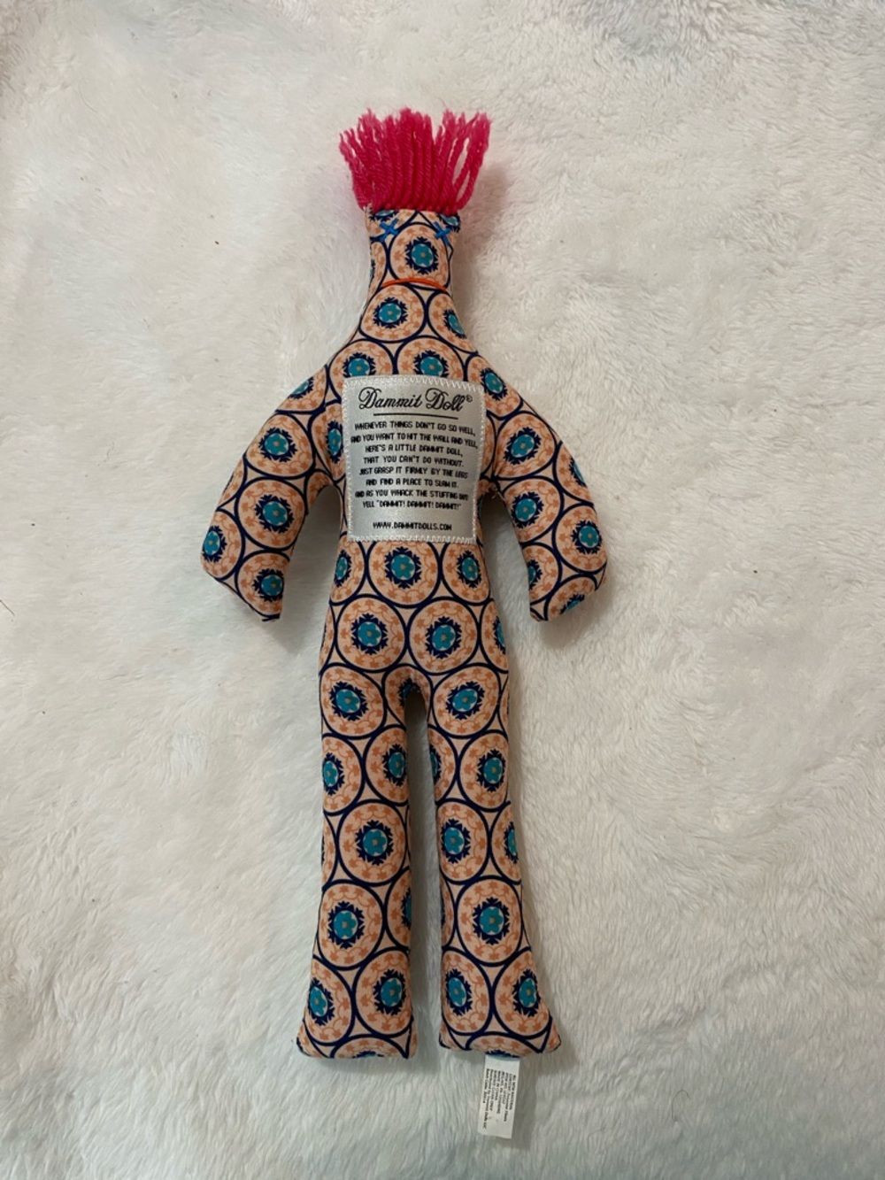 Dammit Doll Handmade Patterned Doll with Pink Yarn Hair
